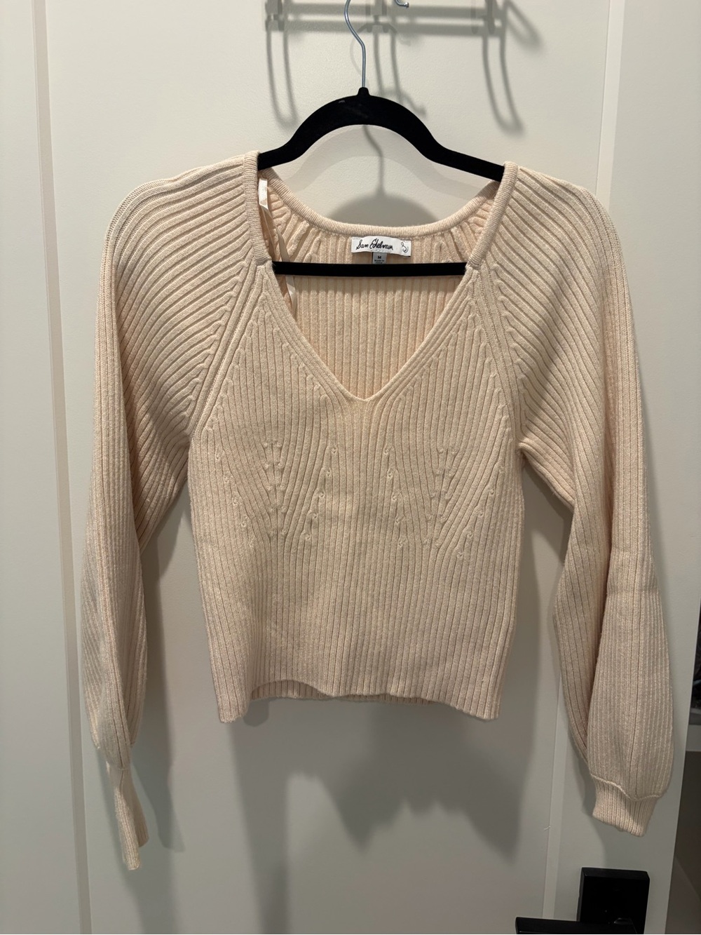 Sam Edelman Cream Ribbed V-Neck Pullover Sweater